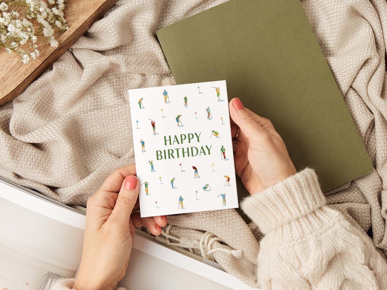 Mini Golfers Birthday Card | Minimal Hand Painted Watercolor Golf Art | Birthday Greeting Card with Blank Interior for Golf Lover, Him, Her