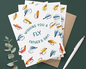 Carte de voeux de pêche à la mouche fête des pères | Carte de fête des pères aquarelle faite à la main | Carte de voeux drôle de pêche pour papa