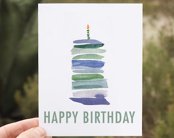 Gâteau bleu joyeux anniversaire | Carte de voeux d'anniversaire à l'aquarelle pour lui, papa, garçon, fils, grand-père ou toute autre célébration de l'anniversaire HBD | Intérieur vierge