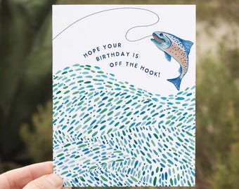 carte d'anniversaire de pêche | Carte de jeu de mots d'extérieur pour truite sans hameçon truite dans une rivière Fly Fish | Pour pêcheur, grand-père, plein air, lui, elle