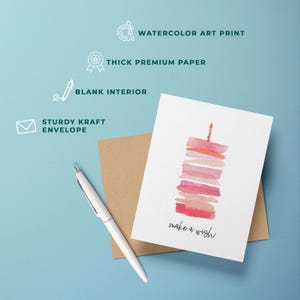 Make a Wish Birthday Card | Cute Pink Birthday Card for Her, Daughter, Kids | Watercolor Art Greeting Card