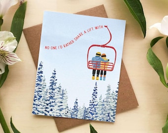 Romantic Ski Card | Watercolor Valentine's Day Card | Ski Lover Card for Anniversaries, Valentine's Day, Birthday for Significant Other