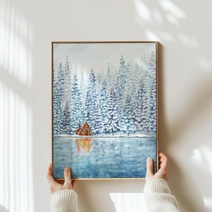 Cozy Winter Art Print | Snowy Aframe Scandi Cabin Watercolor Painting | Affordable Cabin Art for Ski Lodge or Scandinavian Modern Decor