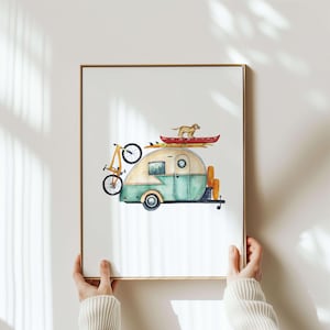 Adventure Vintage Camper Print | Modern Watercolor Wall Decor with Travel Trailer | Sprinter Van Artwork and Affordable Cabin Camper Art