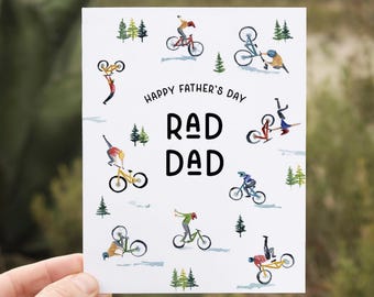 RAD DAD Father's Day Mountain Bike Card | Watercolor MTB Biking Card | Funny outdoor adventure pun card for Dad, Fathers, Grandpa