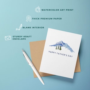 Minimalist Blue Mountain Landscape Father's Day Greeting Card | Handmade Watercolor Father's Day Card | Classic Dad Card for Men