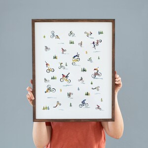 Mini Mountain Bikers Watercolor Illustration | Minimalist Watercolor Art Print | Mountain Bike Wall Decor for Boy Room or Man Cave