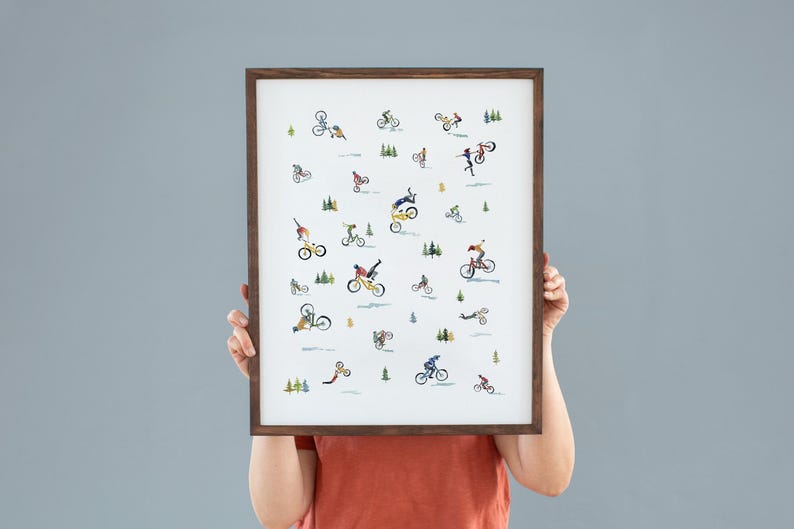 Mini Mountain Bikers Watercolor Illustration | Minimalist Watercolor Art Print | Mountain Bike Wall Decor for Boy Room or Man Cave