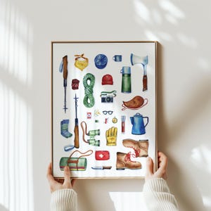 Retro Camping Poster | Outdoorsy Wall Art | Watercolor Outdoor Gear Illustration | Affordable Cabin Art | Camping Gift for Hiker Friend Him