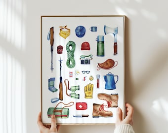 Retro Camping Poster | Outdoorsy Wall Art | Watercolor Outdoor Gear Illustration | Affordable Cabin Art | Camping Gift for Hiker Friend Him