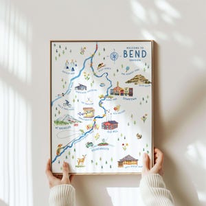 Bend Oregon kaart kunstafdruk | Bend aquarel geïllustreerde kaart voor huizen in het centrum van Oregon | Geweldig voor housewarmingcadeaus en muurkunst voor thuis in de bergen