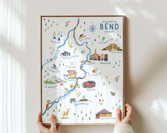 Carte de l'Oregon, impression d'art | illustrée aquarelle de Bend pour les maisons du centre de l'Oregon | Idéal pour les cadeaux de pendaison de crémaillère, l'art mural de maison de montagne