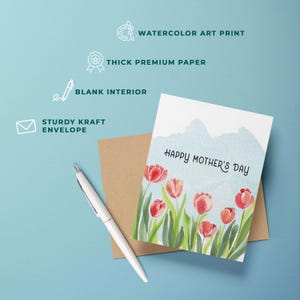 Pink Spring Tulips Happy Mothers Day Greeting Card | Handmade Watercolor Mother's Day Card | Pretty Modern Greeting Card for Mom