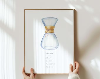 Impression d'art du guide de préparation du café | Décoration murale aquarelle Chemex pour cuisine, café-bar ou café | Cadeau minimaliste pour les amateurs de café 3rd Wave