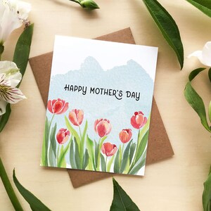 Pink Spring Tulips Happy Mothers Day Greeting Card | Handmade Watercolor Mother's Day Card | Pretty Modern Greeting Card for Mom