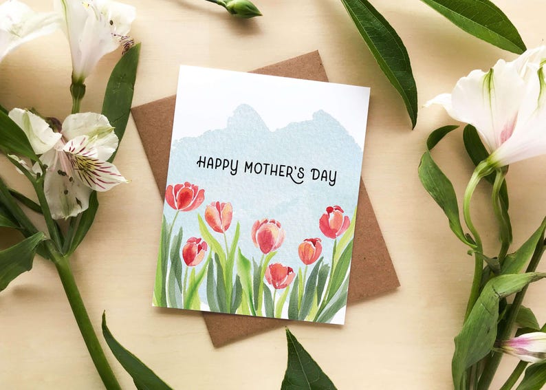 Pink Spring Tulips Happy Mothers Day Greeting Card | Handmade Watercolor Mother's Day Card | Pretty Modern Greeting Card for Mom
