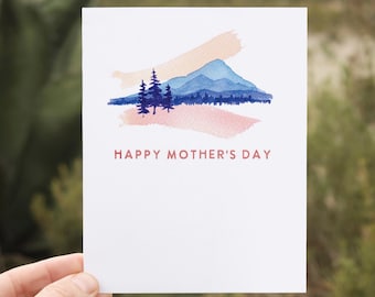 Bonne fête des mères | Carte aquarelle Lever du soleil sur les montagnes pour maman, grand-mère | Carte de la nature minimaliste et réfléchie de Daughter Son