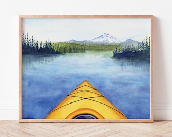 Lámina artística de kayak en acuarela / Ilustración de kayak amarillo colorido e idea de regalo para kayakistas / Decoración de pared para cabaña junto al lago