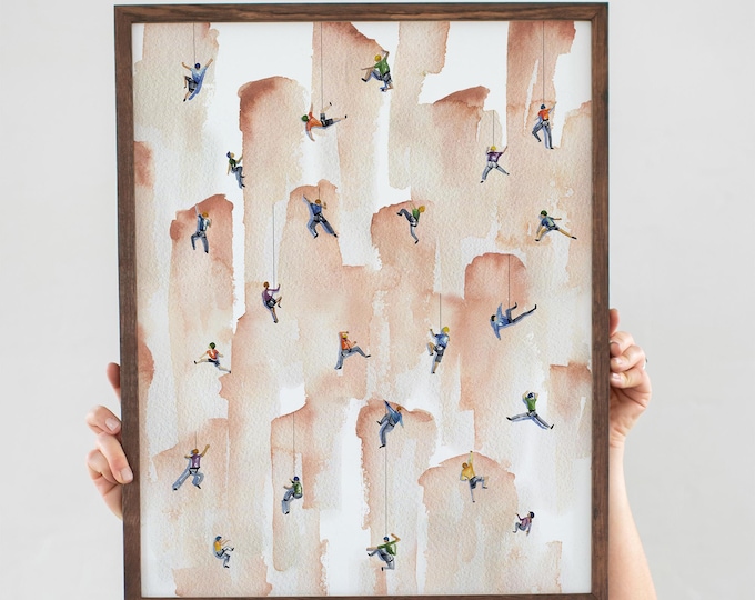 Watercolor Rock Climbing Art Print  | Mini Rock Climbers and Bouldering Decor | Extreme Sports Style | Mountaineering Gift for Climbers