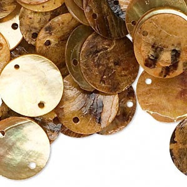 apprx 50 golden tan mussel shell double hole link drop shell coins 15mm