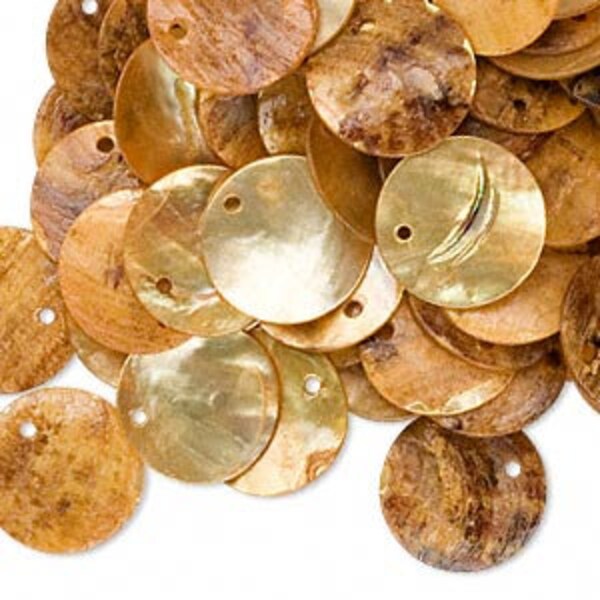 apprx 35 golden tan mussel hole link drop shell coins 15mm