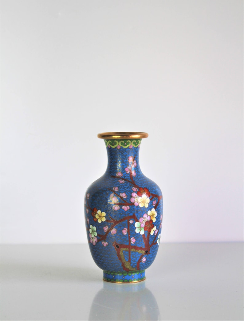 Vintage Cloisonne Medium Blue Bud Vase with Flower