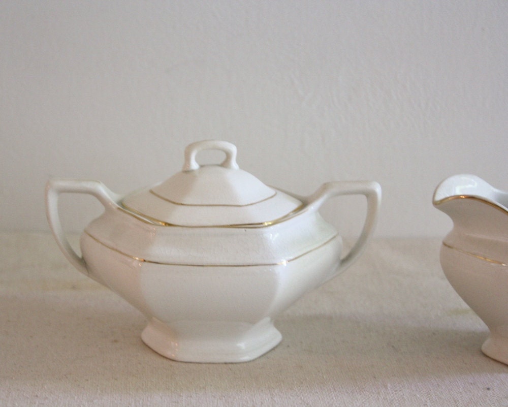 Vintage White Ceramic Cream Sugar Bowls With Gold Trim Etsy