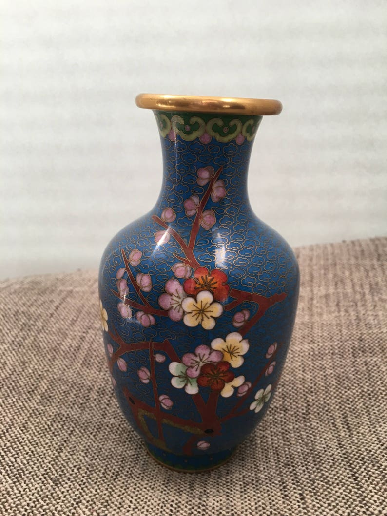 Vintage Cloisonne Medium Blue Bud Vase with Flower
