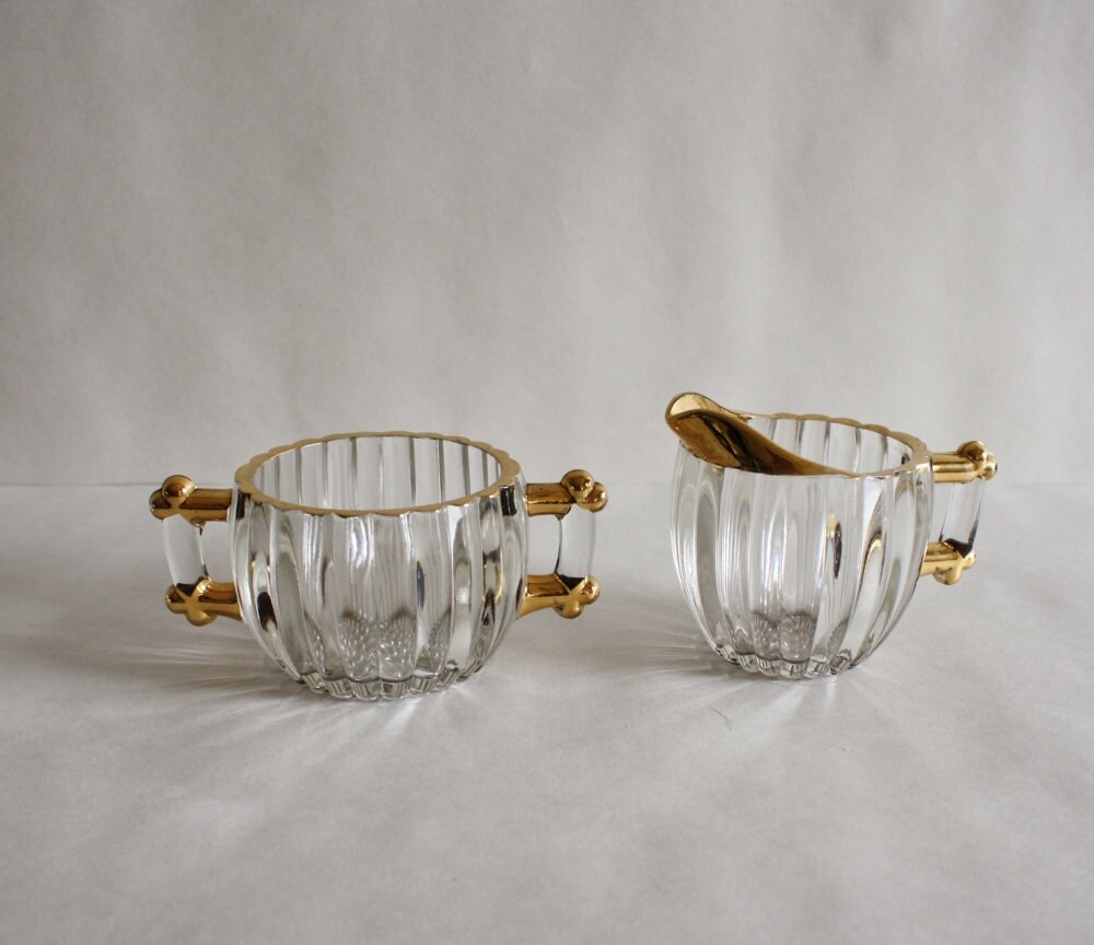 Vintage Glass Sugar Bowl & Creamer Set With Gold Trim Etsy