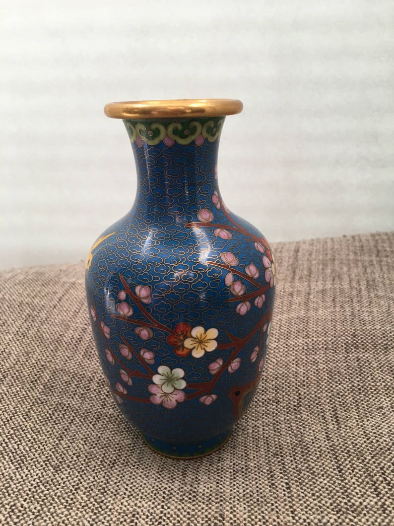 Vintage Cloisonne Medium Blue Bud Vase with Flower