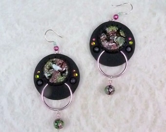 Polymer Clay Earrings "Crop Circles Repeated" - Eclectic Wearable Art Multimedia Drop Dangle Hook Earwire Style Earrings