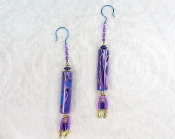 Column Style Polymer Clay Earrings - "Purple Tubes" Purple Dangles with Custom Ear Wires