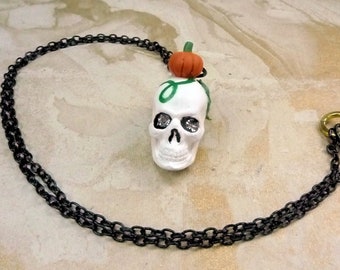 Handmade Pumpkin Head Skull Necklace – Spooky Polymer Clay Jewelry