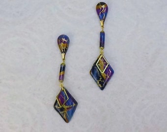 Uniquely Designed Handcrafted Polymer Clay Earrings - Geometric Shapes in Blue and Gold