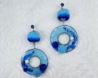 Handmade Pom-Pom Earrings – Blue Resin Circle Dangle Earrings