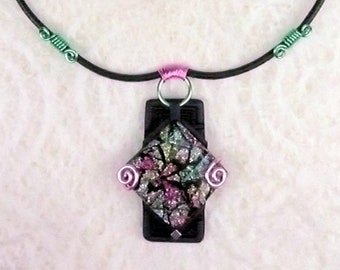 Simple Cherry Blossom and Mint Wire Wrapped on Leather Cord- Polymer Clay Necklace