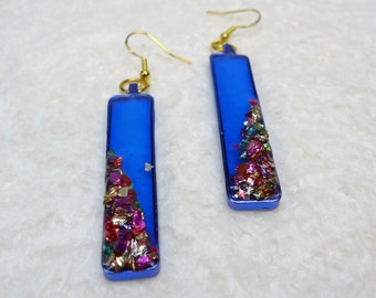 Transparent Blue Rectangles - Blue Resin and Flat Wire Dangle Style Earrings