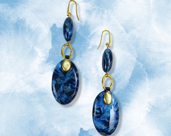 Uniquely Designed Handcrafted Polymer Clay Earrings - "Translucent Blue Oval" Hook Style Earrings