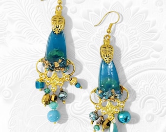 Mixed Media Teal/Gold Colored Dangle Style Earrings - Titled "Blue Bird"