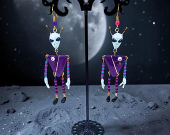 Purple Alien Earrings UFO Polymer Clay Dangle Extraterrestrial Paranormal Outer Space Aliens Jewelry