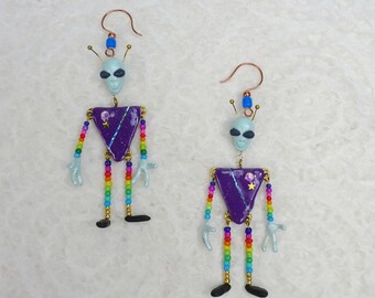 Rainbow Alien Earrings UFO Polymer Clay Dangle Extraterrestrial Paranormal Outer Space Aliens Jewelry