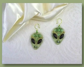 Alien Earrings "Greeny" - Hook Style UFO Extraterrestrial Paranormal Outer Space Aliens Jewelry