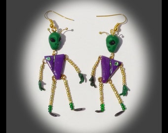 Green Alien Earrings UFO Polymer Clay Dangle Extraterrestrial Paranormal Outer Space Aliens Jewelry