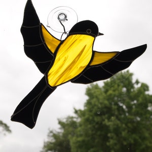 Stained Glass Yellow Goldfinch Bird in Flight Suncatcher