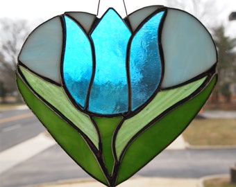 Stained Glass Tulip in Heart Suncatcher