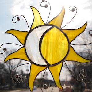 Stained Glass Celestial Yellow Sun and Moon Suncatcher