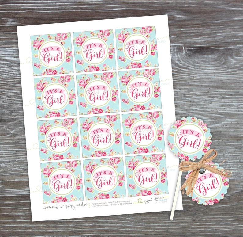 labels Vintage Printable 2 inch party circles PDF File INSTANT DOWNLOAD It/'s a girl tag tags stickers Shabby Chic baby shower