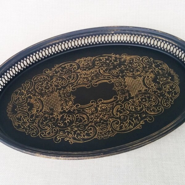 Upcycled Vintage Serving Tray -  Distressed Black and Gold Platter