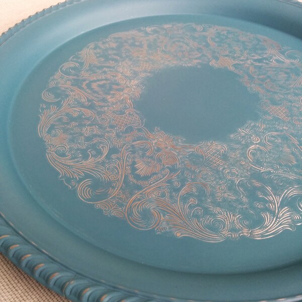 Refinished Vintage Metal Vanity Tray - Teal & Silver Dish