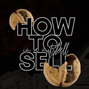 May include: Black and white text on a black background that reads "HOW TO SELL in a nutshell". Two broken walnut shells are on either side of the text. The background is a blurry image of US dollar bills.
